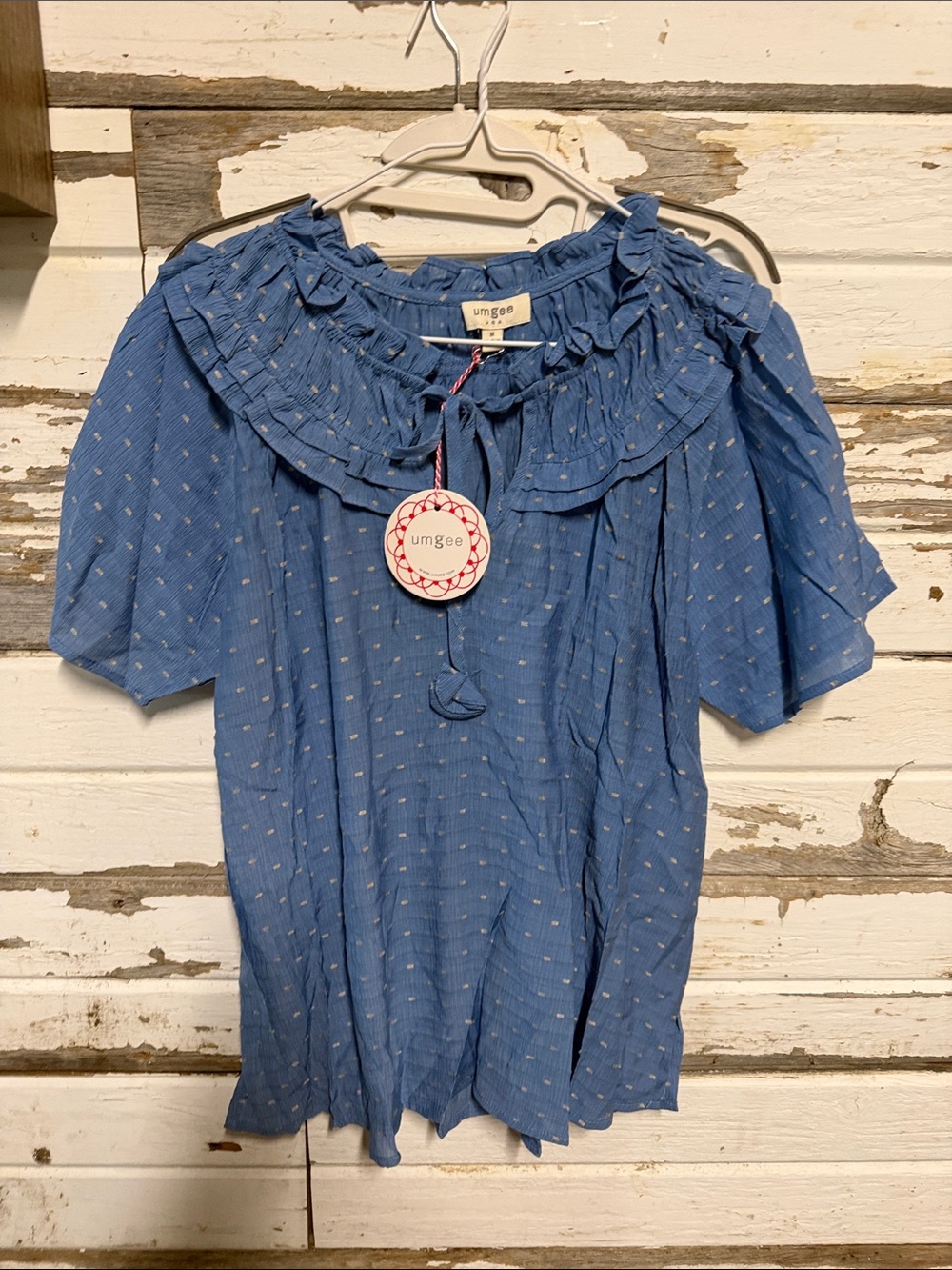 Umgee Blue Ruffled Tie-Neck Short Sleeve Blouse
